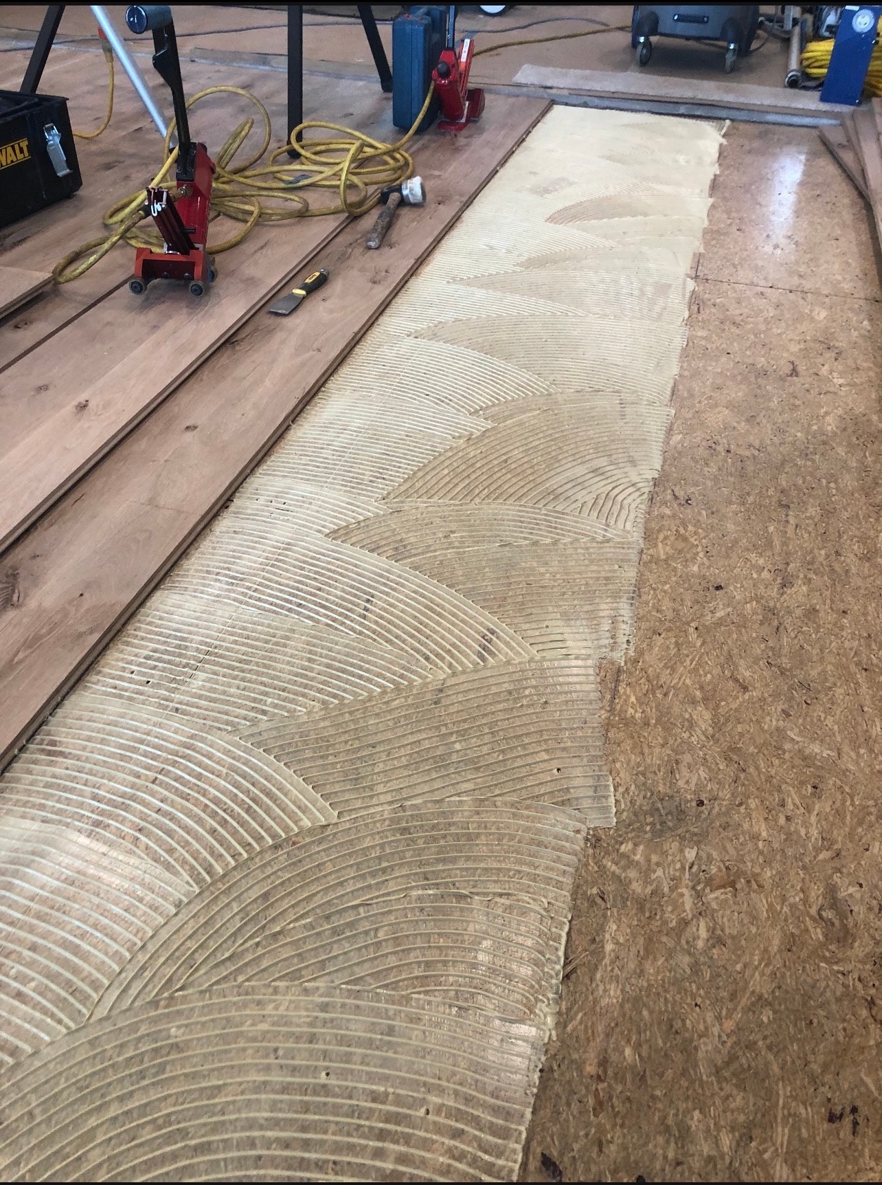 Bona R851 wood floor adhesive applied with full trowel pattern during white oak installation